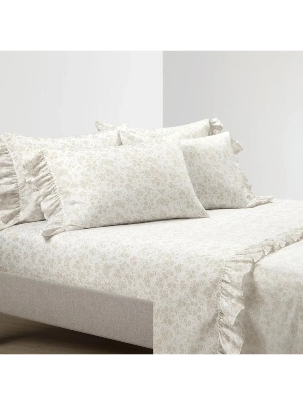 Floral Ruffle Twin XL Sheet Set - 4 Piece Neutral & White Bedding for Dorm Decor